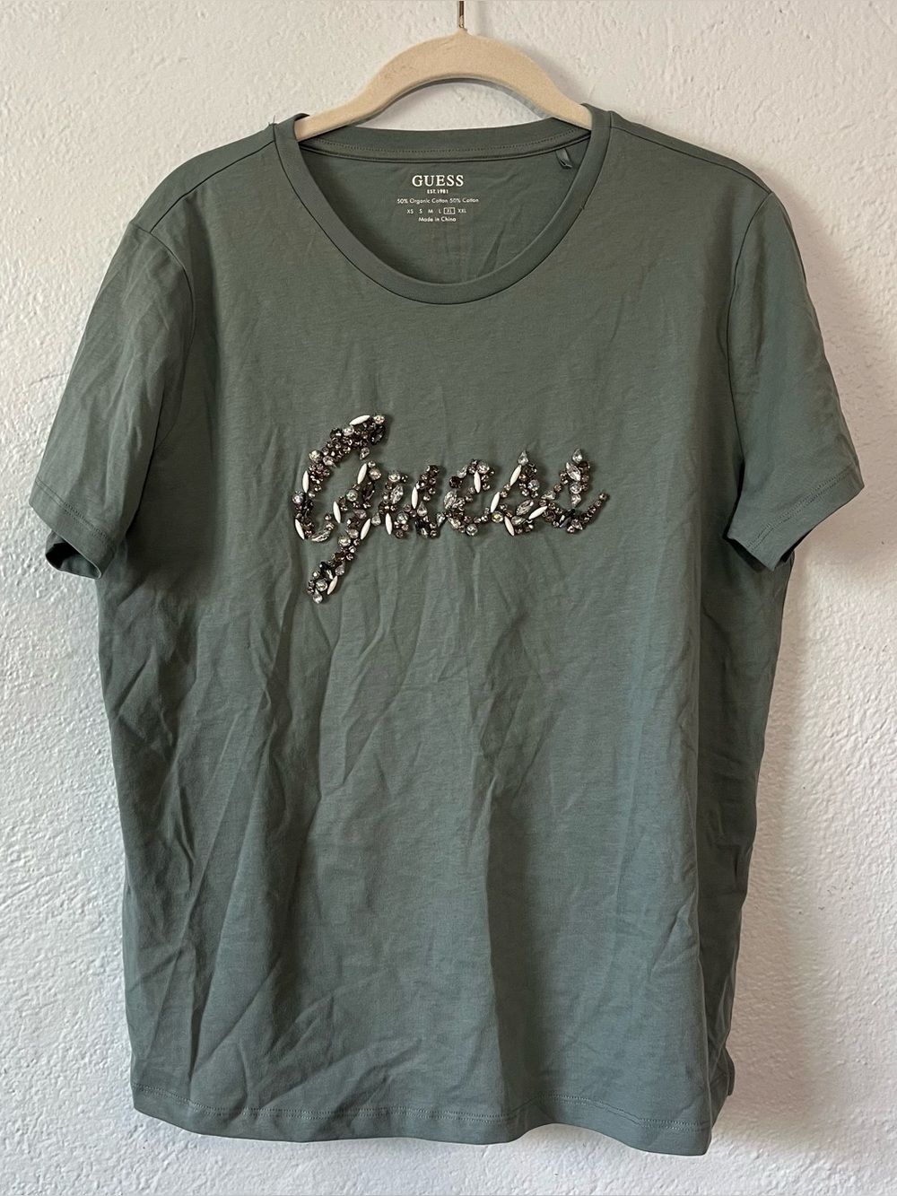 Guess Womens green gray Rhinestone Jewel Logo Short Sleeve T-Shirt Size XL